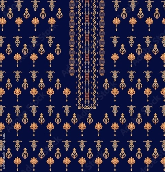 Fototapeta Traditional Ornamental Textile Design with Gold Motifs and Central Embellished Panel on Navy Background