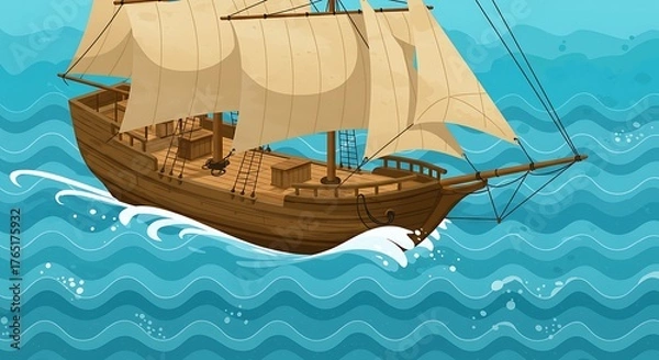Obraz Cartoon illustration of a wooden ship sailing on a blue ocean with white-capped waves