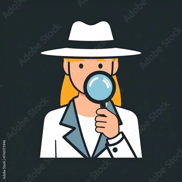 Obraz Cartoon illustration of a woman in a detective's attire looking through a magnifying glass