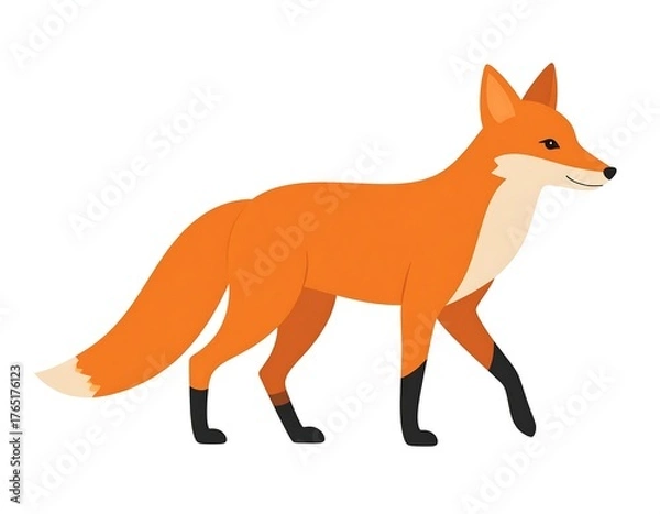 Obraz Cartoon illustration of an orange fox in profile, walking on a white background