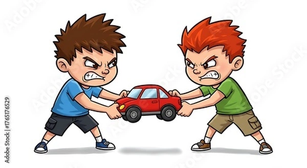 Obraz Cartoon illustration of two angry children fighting over a red toy car