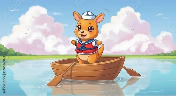 Obraz Cartoon kangaroo in sailor outfit rowing a boat on a calm lake, sunny day