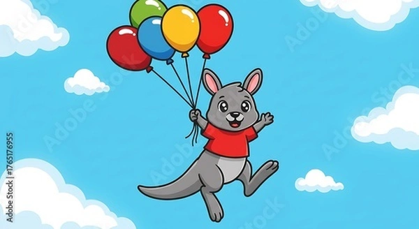 Obraz Cartoon kangaroo joyfully floats in a bright sky, holding colorful balloons