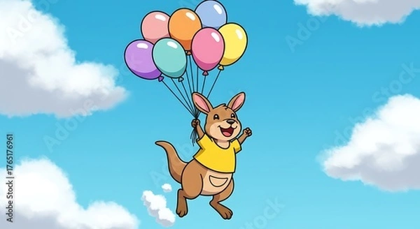 Obraz Cartoon kangaroo joyfully floats in the sky, holding a bundle of colorful balloons