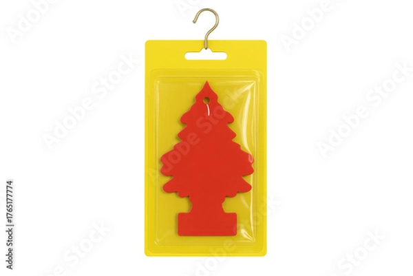 Fototapeta Car air freshener in tree shape packaging with hanger, new scent advertising marketing concept on transparency