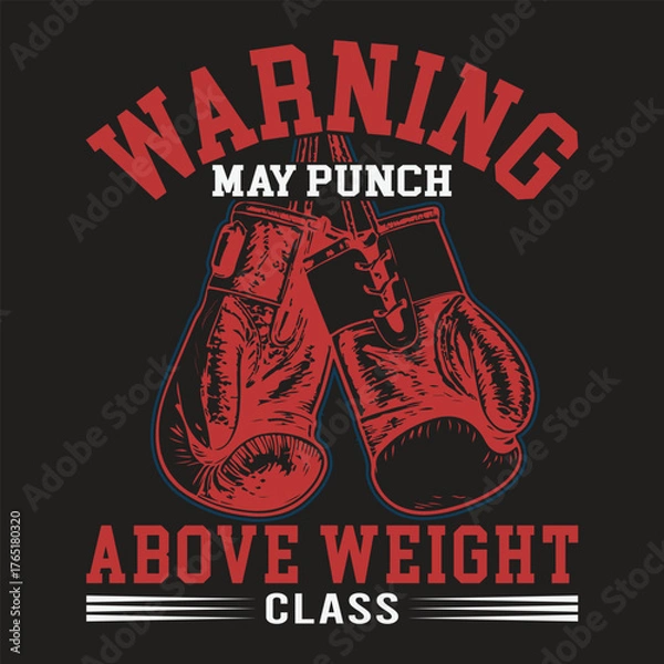 Fototapeta Warning may punch above weight class with red boxing gloves hanging down on a black background, ideal for fitness apparel or gym promotions