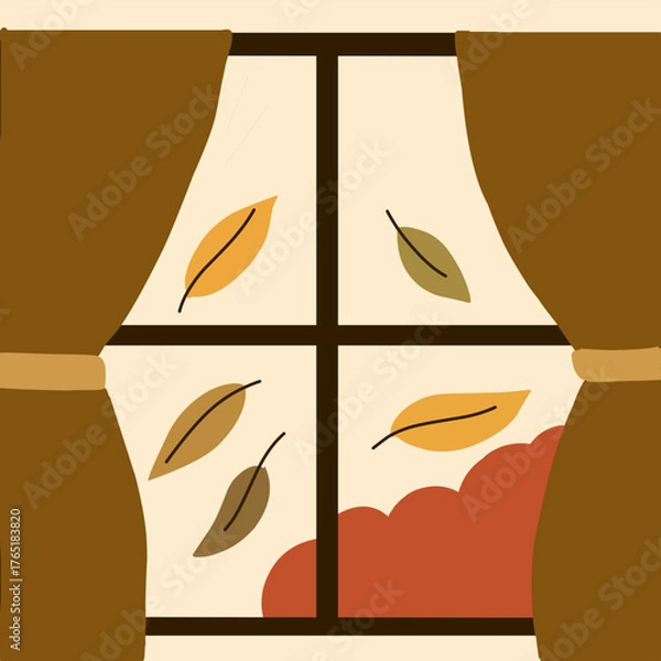 Fototapeta Cozy Autumn Window with Falling Leaves Illustration