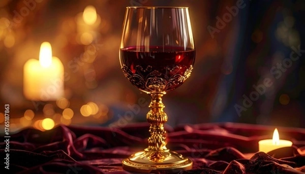 Fototapeta Hyper realistic close-up of a golden wine goblet with red wine swirling slowly