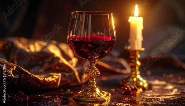 Fototapeta Hyper realistic close-up of a golden wine goblet with red wine swirling slowly