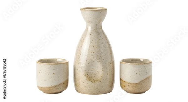 Fototapeta Traditional japanese sake set isolated on transparent background, featuring a ceramic bottle and two cups for enjoying the rice wine