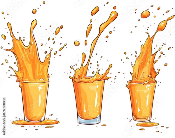Obraz Orange juice splashes, 3 glasses, bright, dynamic illustration