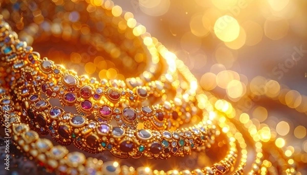 Fototapeta Hyper realistic macro shot of layered golden necklaces intertwined, mixed gemstones