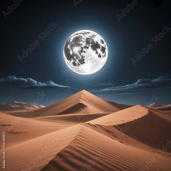 Fototapeta Vast desert dunes illuminated by a luminous full moon under a starry night sky