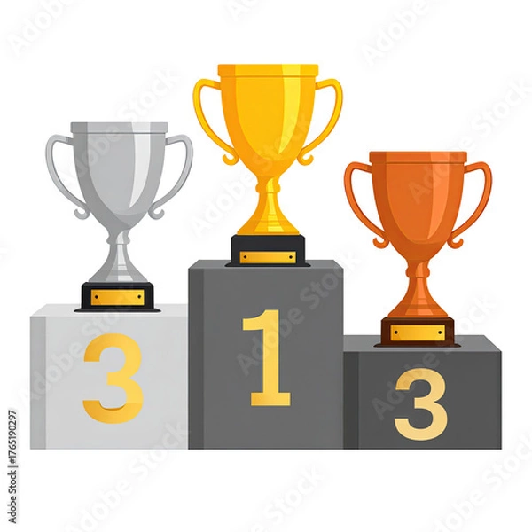 Obraz Trophies atop a podium gold, silver, bronze