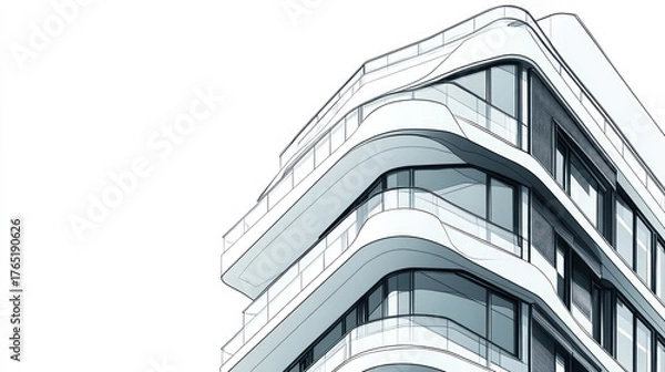 Obraz White building sketch, upper corner view, with blank background, use for design work