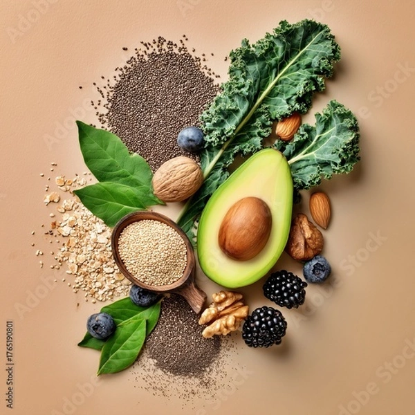 Obraz 아보카도와 블루베리, 견과류가 함께 구성된 건강한 슈퍼푸드 식재료 구성