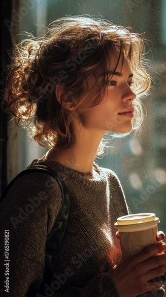 Obraz 따뜻한 햇살 아래 커피를 들고 사색에 잠긴 젊은 여성의 감성적인 초상