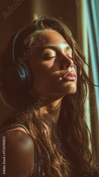 Obraz 따뜻한 햇살 아래 헤드폰을 끼고 음악을 들으며 휴식하는 젊은 여성의 감성적인 초상