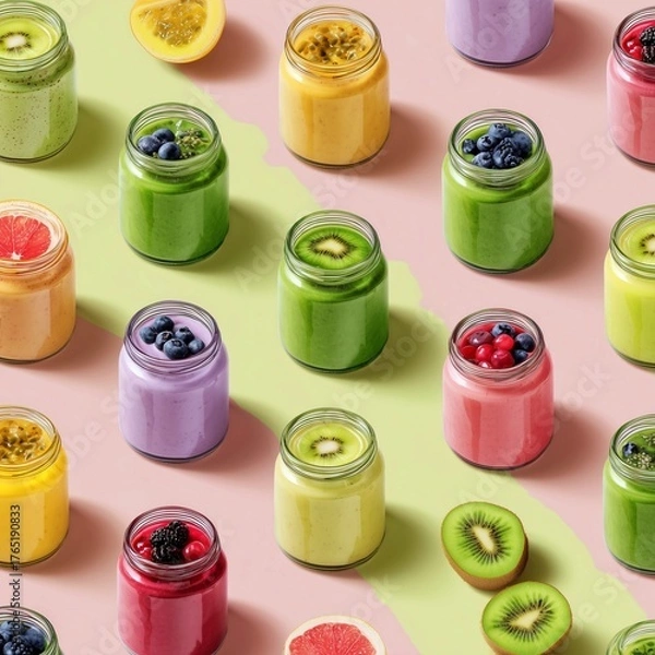 Obraz 다양한 색상의 신선한 과일 스무디가 유리병에 담긴 컬러풀한 음식 구성