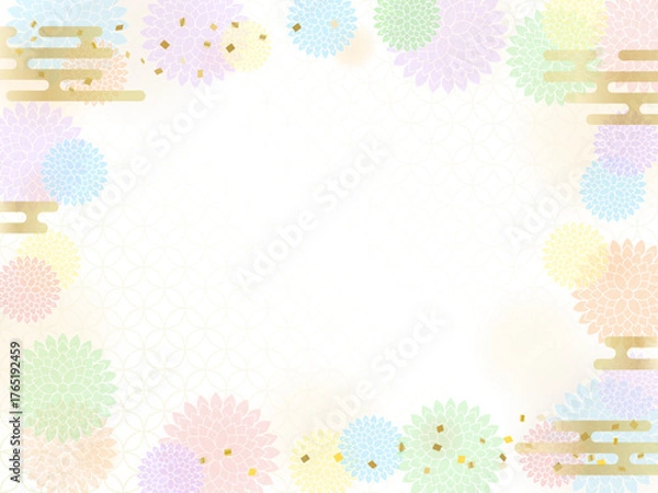 Obraz カラフルな菊の花の背景、和柄のフレーム
