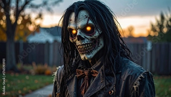 Obraz Scary Halloween Mask with Glowing Eyes and Ripped Suit Standing on Suburban Street at Dusk