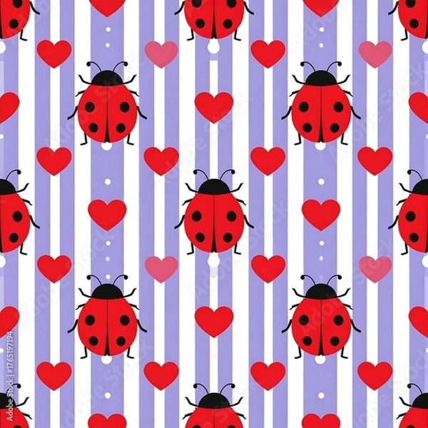 Fototapeta Charming seamless pattern with ladybugs and hearts on striped purple and white background