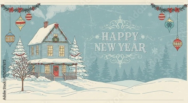 Fototapeta Charming snowy winter scene featuring a cozy house, snow-covered trees, and festive decorations