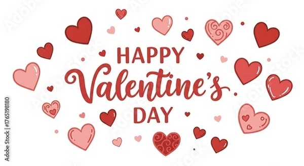 Fototapeta Charming Valentine's Day greeting with playful red and pink heart illustrations and script
