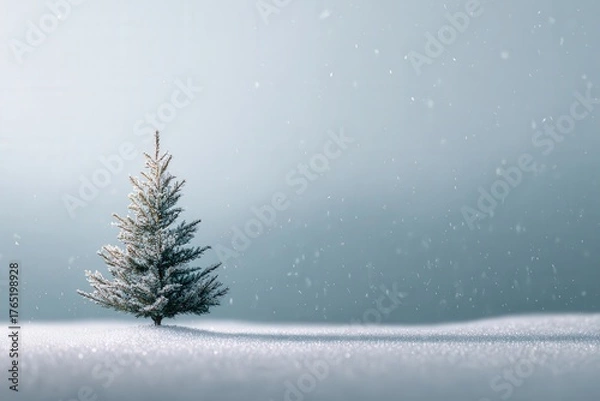 Obraz Illustration of a single small Christmas tree standing on soft white snowy ground with copy space