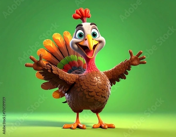 Fototapeta Cheerful, cartoon turkey with open arms, colorful feathers, and a vibrant green background