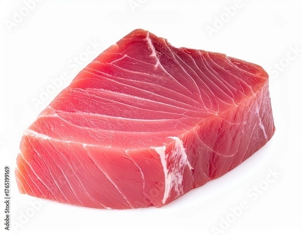 Fototapeta High-quality image of a raw tuna steak with rich marbling, perfect for culinary, seafood, and healthy eating themes.