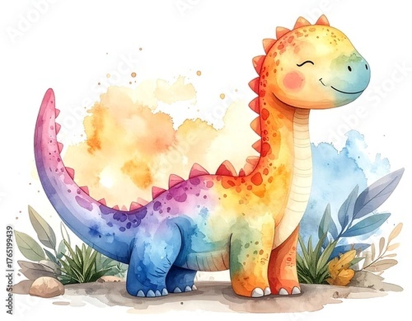 Fototapeta Cheerful, colorful dinosaur illustration with watercolor effects and a playful background of plants