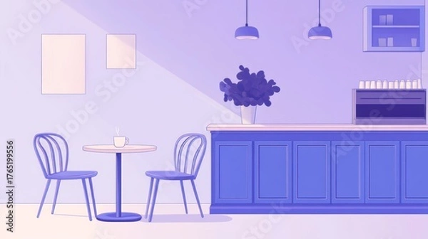 Obraz Empty cafe interior with two chairs, table, counter and wall decorations