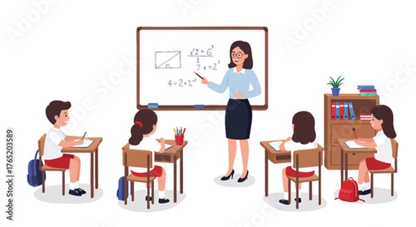 Fototapeta illustration of a female teacher standing in front of a whiteboard.