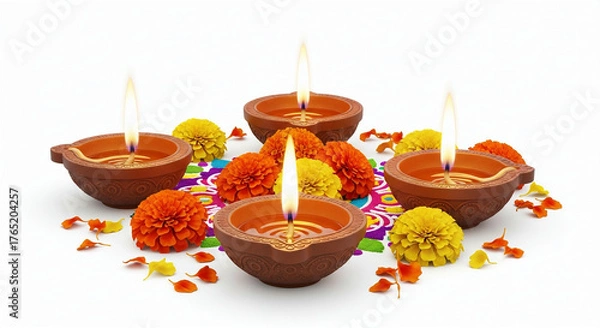 Fototapeta Lit Diwali Diyas with Marigold Flowers and Rangoli