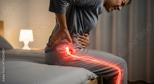 Fototapeta Severe Sciatica Pain on Bed, Showing Radiating Nerve Pathway with Red Glow Effect