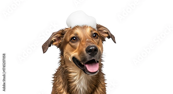 Fototapeta Happy Wet Dog with Soap Bubble Hat creative illustration featuring retriever, soap, head, happy, funny
