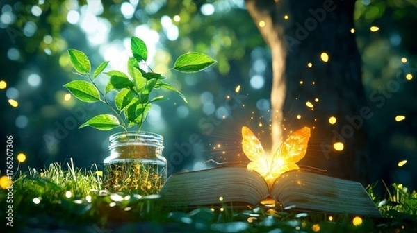 Fototapeta Magical Butterfly Emerging from Open Book with Plant in Jar.
