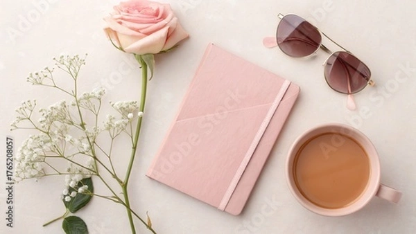 Obraz Soft pink aesthetic flat lay with rose coffee and sunglasses