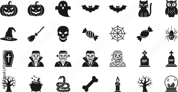 Fototapeta Collection of spooky halloween icons including pumpkins ghosts bats skulls witches and monsters isolated on transparent background
