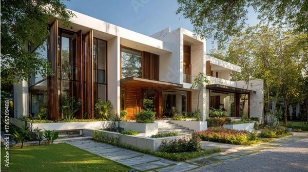 Fototapeta Contemporary style home with flat roofs, vertical wooden slats, and elegant landscaping creating a serene atmosphere