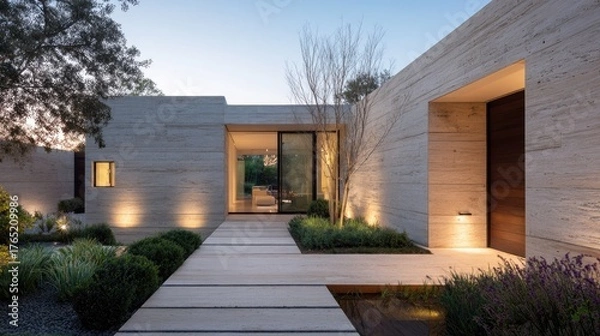 Fototapeta Minimalist L-shaped house exterior featuring natural stone textures, clean lines, and an open garden patio illuminated at dusk
