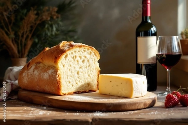 Obraz Bread Cheese Red Wine and Strawberries a Delicious Food Still Life