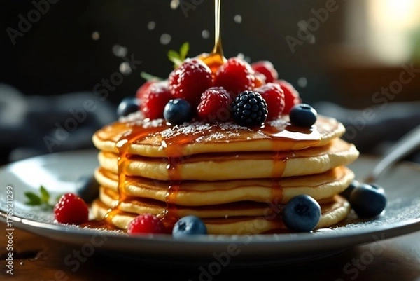 Fototapeta Delicious Pancakes Stacked High with Fresh Berries and Maple Syrup