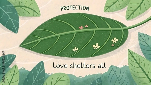 Fototapeta A large green leaf sheltering small flowers in nature