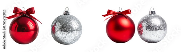 Fototapeta  Dual Red and Silver Bauble Designs, isolated on transparent background