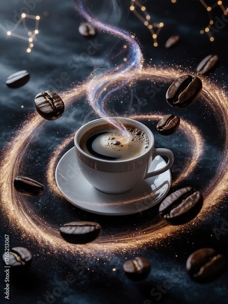 Fototapeta Magical Coffee Experience Aromatic Brew with Coffee Beans and Constellations