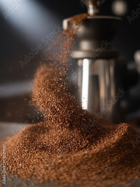 Obraz Freshly Ground Coffee Beans Falling From A Coffee Grinder Machine