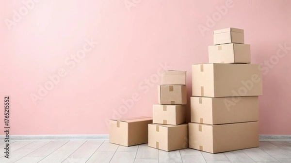Fototapeta Stack of cardboard moving boxes against a pink wall