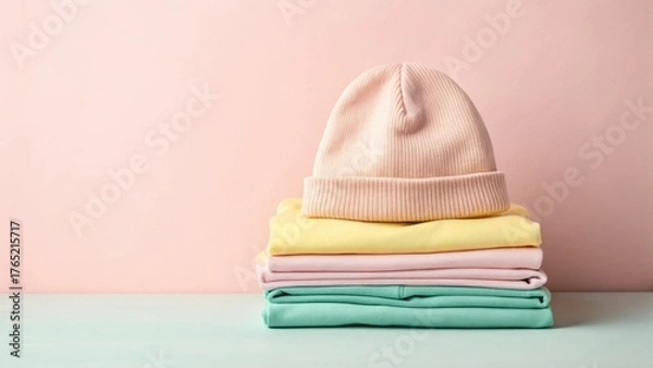 Fototapeta Stack of soft pastel colored folded clothes topped with a beanie